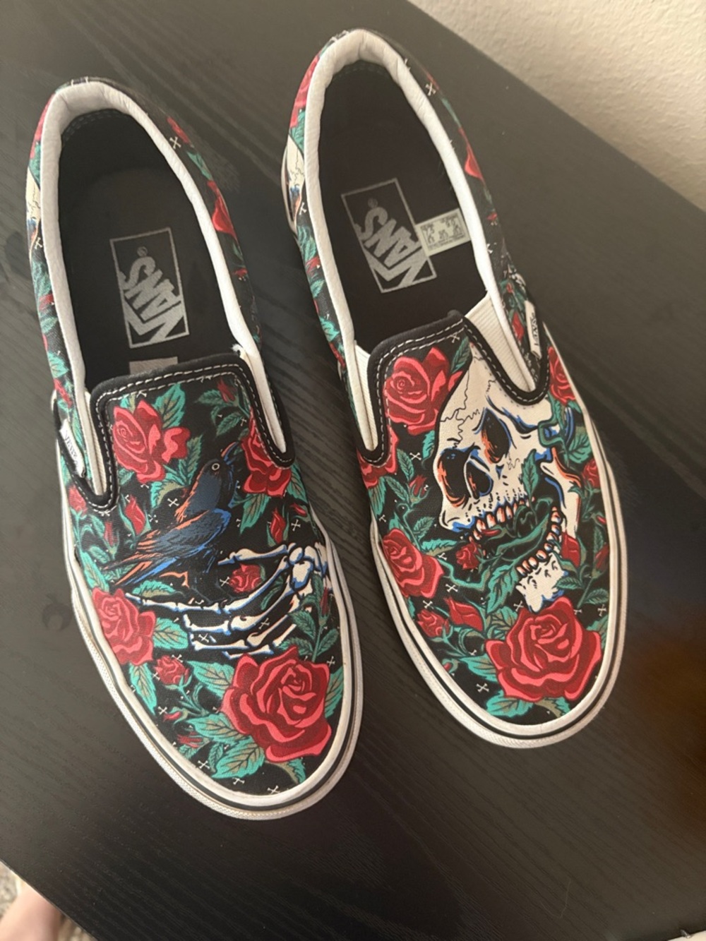 Vans Slip-On with Rose, Skull & Bird Graphic - Black/Red/Green